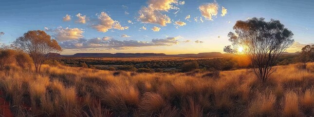 Golden sunset over vast dry grassland with scattered trees and distant flat-topped mesas under a partly cloudy sky