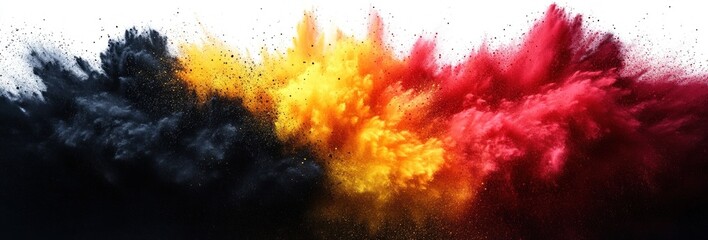explosion of vibrant black, yellow, orange, and red powder creating a dynamic abstract cloud in motion on white background