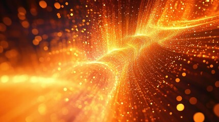 Glowing golden particles and light waves flowing dynamically creating a vibrant abstract energy field with bright sparkles and depth