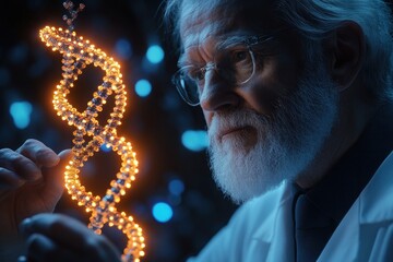 elderly male scientist in glasses examining glowing dna double helix model with focused expression in laboratory setting