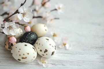 Obraz premium Cluster of speckled eggs and delicate white blossoms resting on a white wooden surface evoking a serene and fresh springtime mood