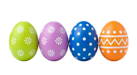 Colorful Easter eggs arranged in a row against a simple clear studio backdrop ready for Easter