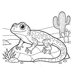 Obraz premium Adorable cartoon gecko rests on a rock in a desert scene with cacti and sandy ground, perfect for children's educational materials and creative projects.