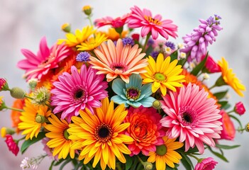 Vibrant floral bouquet, joyful spirit, whimsical digital art, sun, cheerful