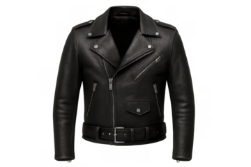 Black leather biker jacket featuring zippered pockets, lapels, and a belted waist, symbolising rebellion and fashion
