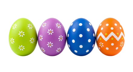 Colorful Easter eggs with whimsical decorations standing in a row against transparency