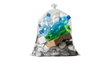 Clear plastic bag filled with recyclable items on white on transparent background