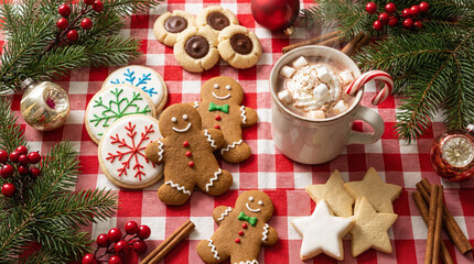 Traditional Christmas gingerbread cookies and hot cocoa with marshmallows on red checkered tablecloth with pine branches