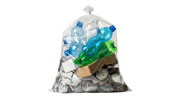 Clear plastic bag filled with recyclable items on white on transparent background