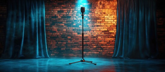 Empty stage with vintage microphone on stand illuminated by blue and orange spotlight against exposed brick wall and dark teal curtains