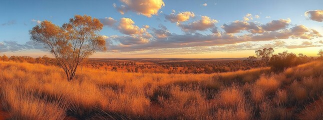 Vast golden grassland with scattered trees under a blue sky with fluffy clouds at sunset