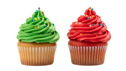 Two cupcakes with green and red frosting and sprinkles on top on transparent background