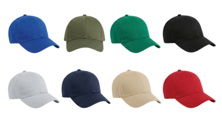 Variety of Solid Color Baseball Caps on Isolated Transparent Display Surface