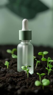 glass serum bottle on fresh soil with small green sprouts
