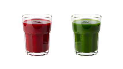 Two glasses of fresh juice red and green on a white background on transparent background