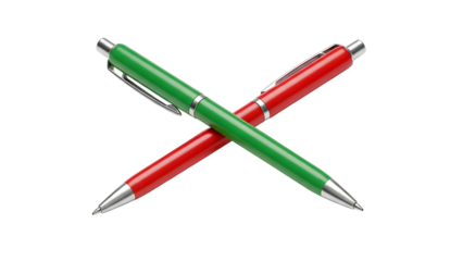 A crossed red and green pen on a plain black background on transparent background