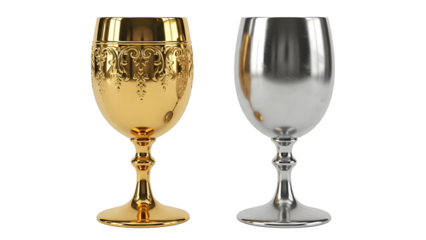 Gold and silver goblets standing side by side on black background on transparent background