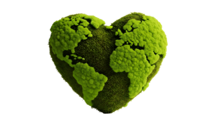 Heart shaped earth covered in green moss on black background on transparent background