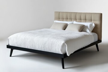 Modern bed with beige tufted headboard, black legs, white textured bedding and two beige decorative pillows in a minimalistic setting