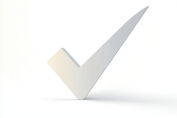 Large three-dimensional white check mark casting soft shadow on white background symbolizing approval and correctness