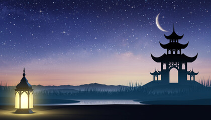 Peaceful twilight scene with traditional East Asian temple architecture and a crescent moon illuminating the night sky