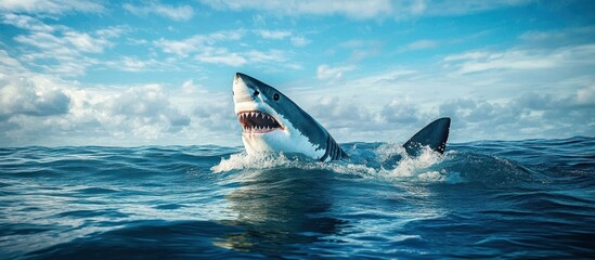 Fototapeta premium Great white shark emerging from the ocean surface with mouth open showing sharp teeth under a partly cloudy blue sky