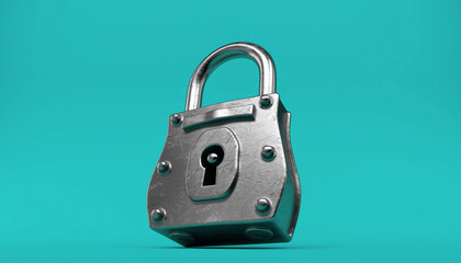 A Realistic 3D Render of a Shiny Silver Padlock Secured on a Turquoise Background