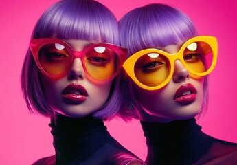 Two women with short lavender hair wearing oversized colorful sunglasses and black turtlenecks posing against bright pink background, intense expressions