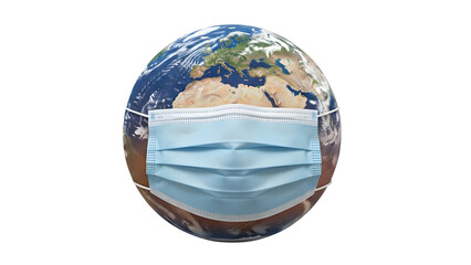 Earth globe wearing a blue surgical face mask on black background on transparent background