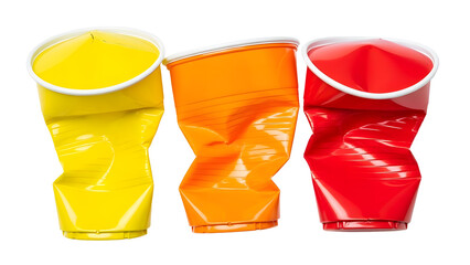 Three crushed disposable cups in yellow orange and red hues on transparent background