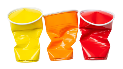 Three crushed disposable cups in yellow orange and red hues on transparent background