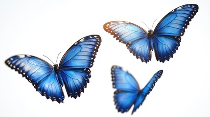 Fototapeta premium Three vibrant blue butterflies with detailed wings flying against a bright white background, evoking a sense of calm and natural beauty