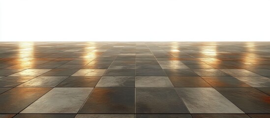 Wide reflective checkered floor with black, gray, and brown tiles lit by warm glowing lights creating a shiny surface and a sense of depth