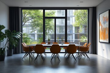 Stylish business room interior with a meeting room and a large window, complemented by a mock-up frame for easy integration of custom content, Generative AI