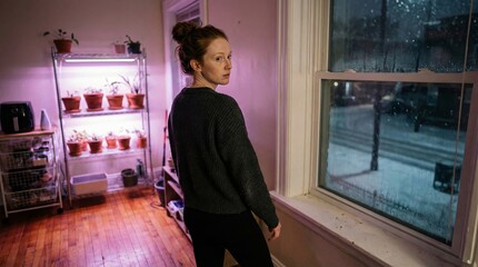 Woman Gazing at Snowy Street from Apartment Window