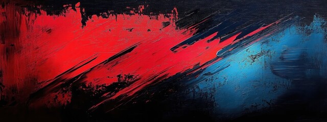 Abstract textured painting with bold diagonal red streaks on dark background blending into blue areas conveying intense dynamic energy and contrast