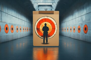 Person standing in front of a large target with multiple circular targets on the walls in a long indoor shooting range corridor