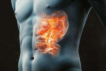 Visualization of human abdominal area showing glowing orange digestive system and intestines highlighting internal organs
