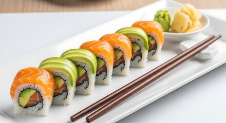 An array of sushi and rolls grasped by black chopsticks, isolated on white.