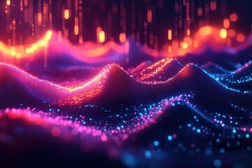 Abstract digital landscape with glowing neon waves and floating light particles creating a vibrant futuristic atmosphere