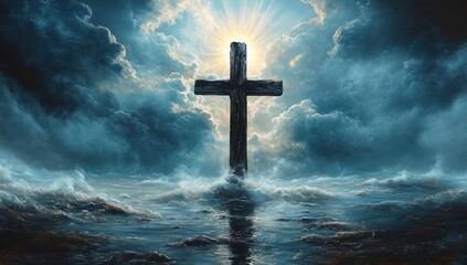 A large wooden cross standing in turbulent ocean waters under a dramatic sky with swirling storm clouds and radiant sunlight breaking through, creating a powerful and hopeful atmosphere
