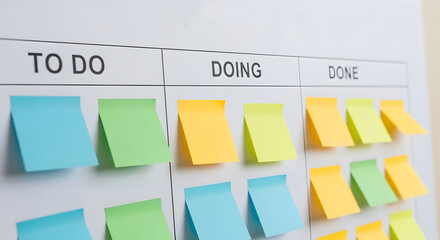 Colorful adhesive notes on a whiteboard representing a flexible method for managing workflow and tracking progress through different stages