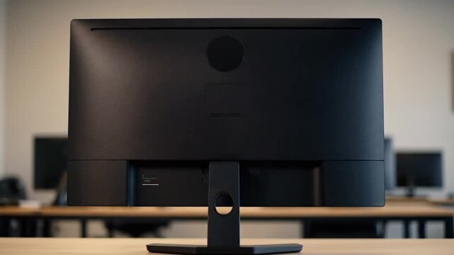 A close-up image showcases the rear of a black computer monitor and its support