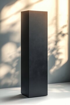 Tall black rectangular pedestal with soft light and shadows of plants on wall behind creating calm and serene atmosphere