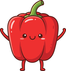 Smiling cartoon red bell pepper with arms and legs, playful vegetable character, flat vector illustration, cad drawing style, kids concept