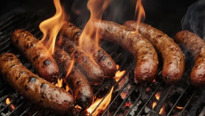 Grilled sausages on fire, delicious and appetizing, perfect for barbecue.