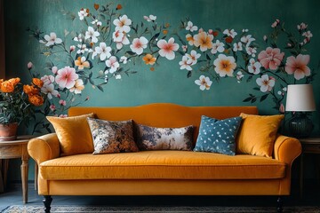 Stylish home living room interior with a sofa and dining table, set against a blank wall for customizable decor or branding, Generative AI