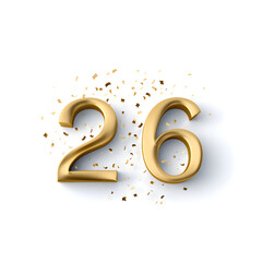 This image features the number 26 in a glossy golden finish, perfect for use in celebrations or special occasions, adding a touch of elegance and style.Happy 26 birthday party celebration
