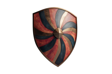 Ornate medieval shield with radiating red blue and gold wooden panels image, Png On White Background, Isolated on Transparent Background, Cut Out
