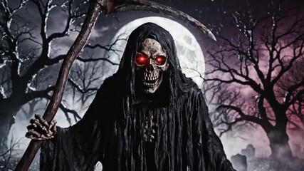 Fictional portrait of a scary Grim Reaper with glowing red eyes, holding a scythe in a creepy graveyard on a full moon night - Powered by Adobe